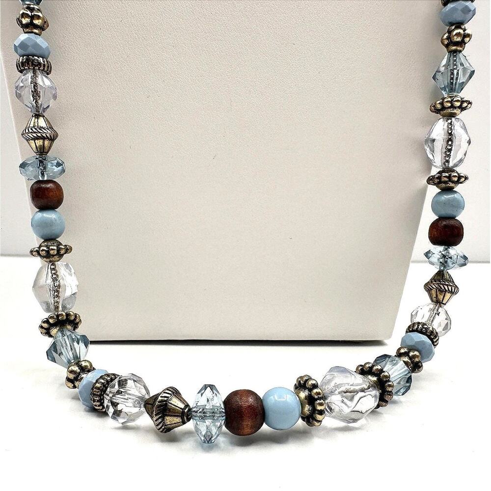 Vintage 90s Blue Purple Faceted Crystal Wood Bead Necklace Statement Jewelry Y2K